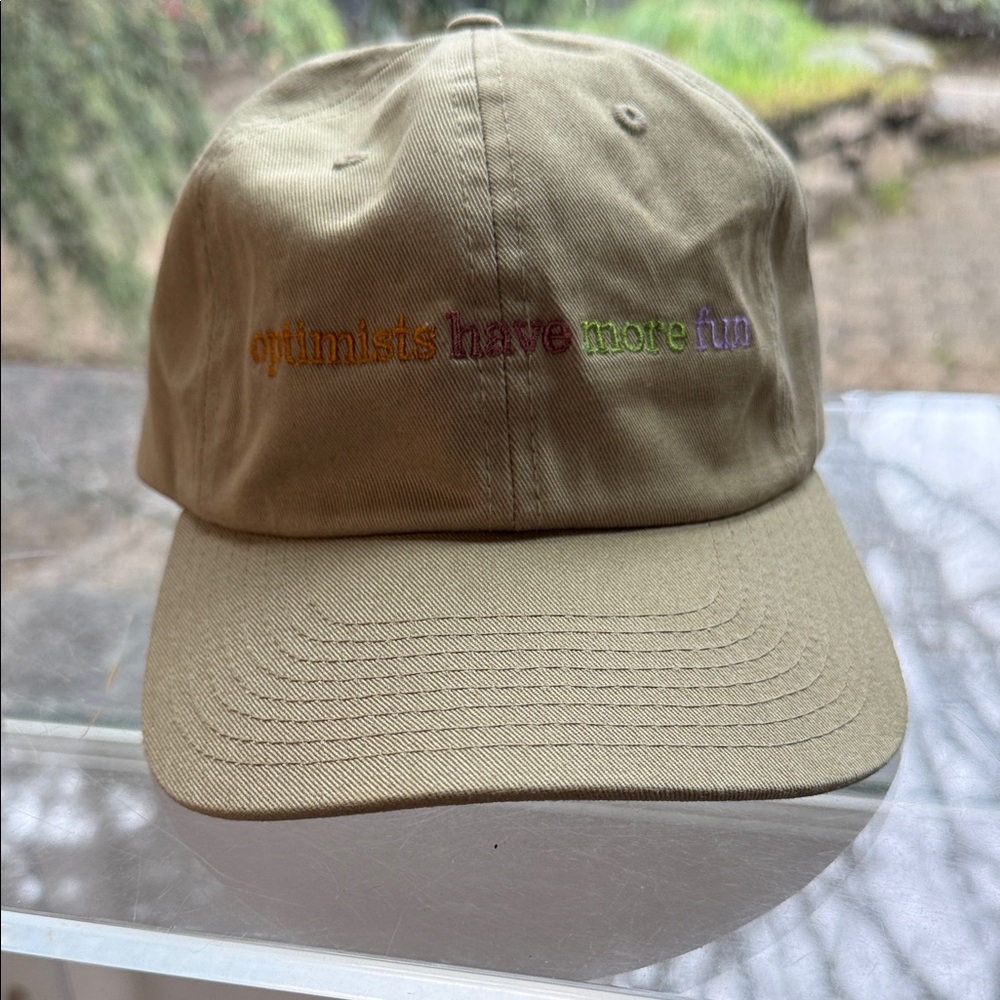 Khaki 'Optimists Have More Fun' Embroidered Baseball Cap